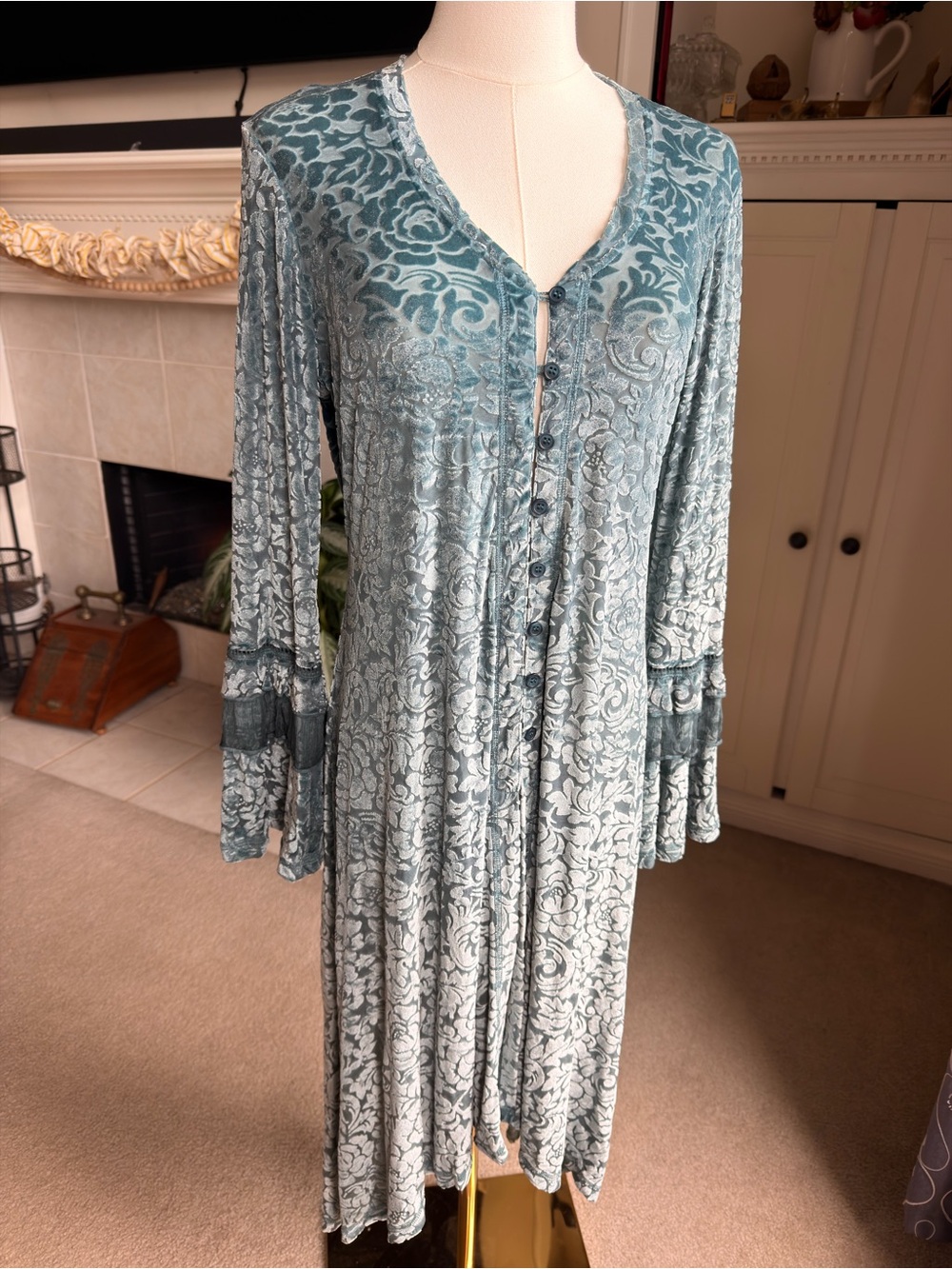 Gretty Zueger Floral Burnout Velvet Lace Trim Maxi Duster Dress